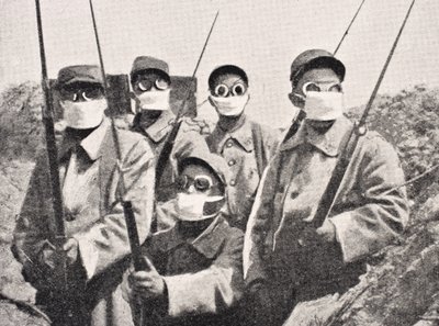 Franse soldaten met gasmasker in 1915, uit 
